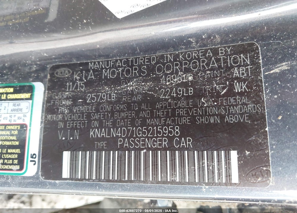 2016 KIA CADENZA VIN: KNALN4D71G5215958