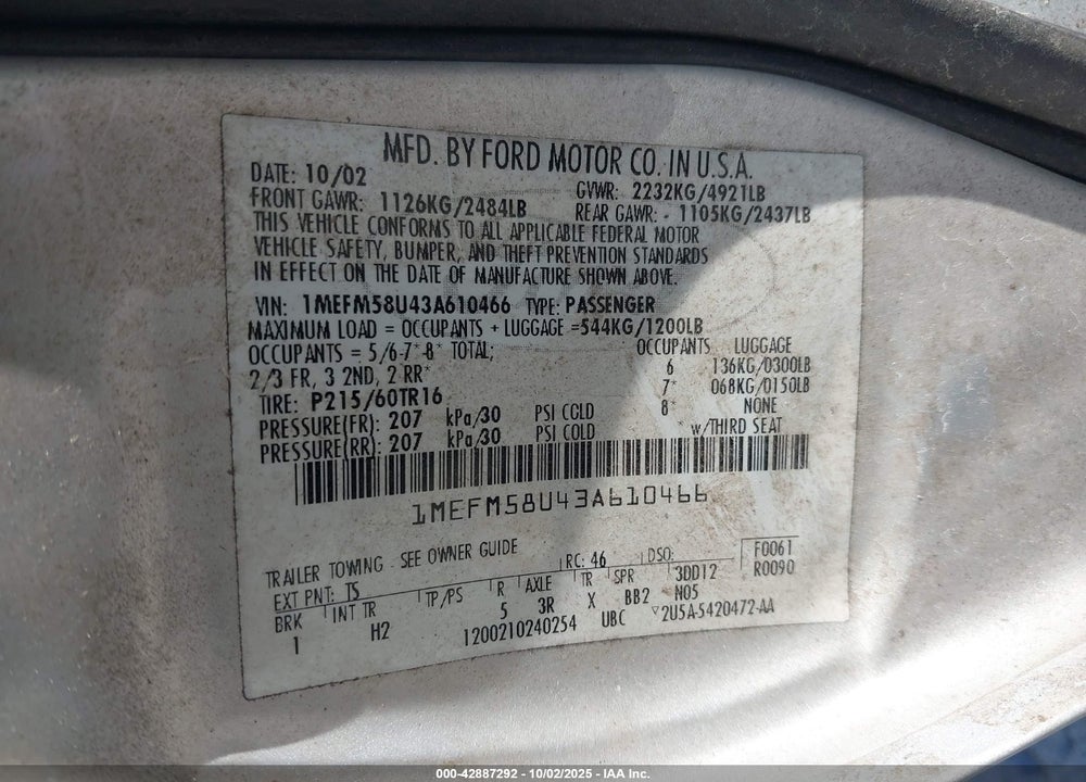 2003 MERCURY SABLE GS VIN: 1MEFM58U43A610466