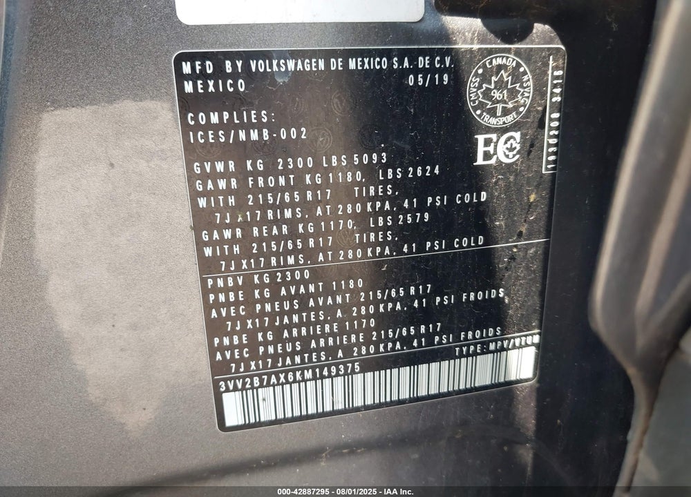 2019 VOLKSWAGEN TIGUAN VIN: 3VV2B7AX6KM149375