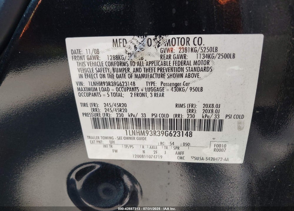2009 LINCOLN MKS VIN: 1LNHM93R39G623148