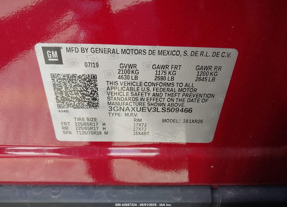 2020 CHEVROLET EQUINOX VIN: 3GNAXUEV3LS509466