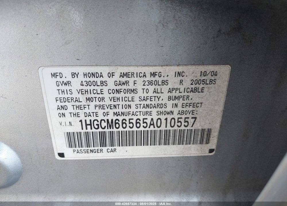 2005 HONDA ACCORD 3.0 EX VIN: 1HGCM66565A010557