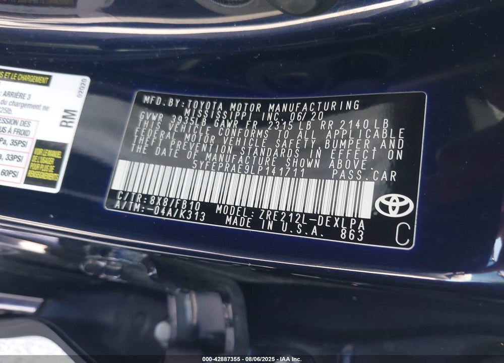 2020 TOYOTA COROLLA VIN: 5YFEPRAE9LP141711