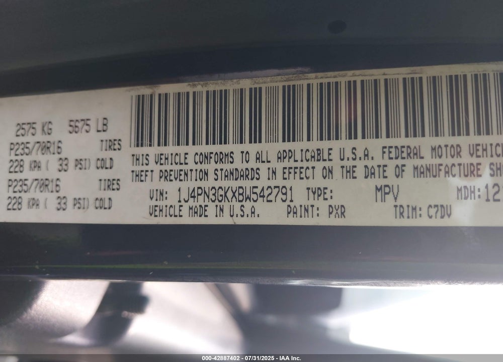 2011 JEEP LIBERTY VIN: 1J4PN3GKXBW542791