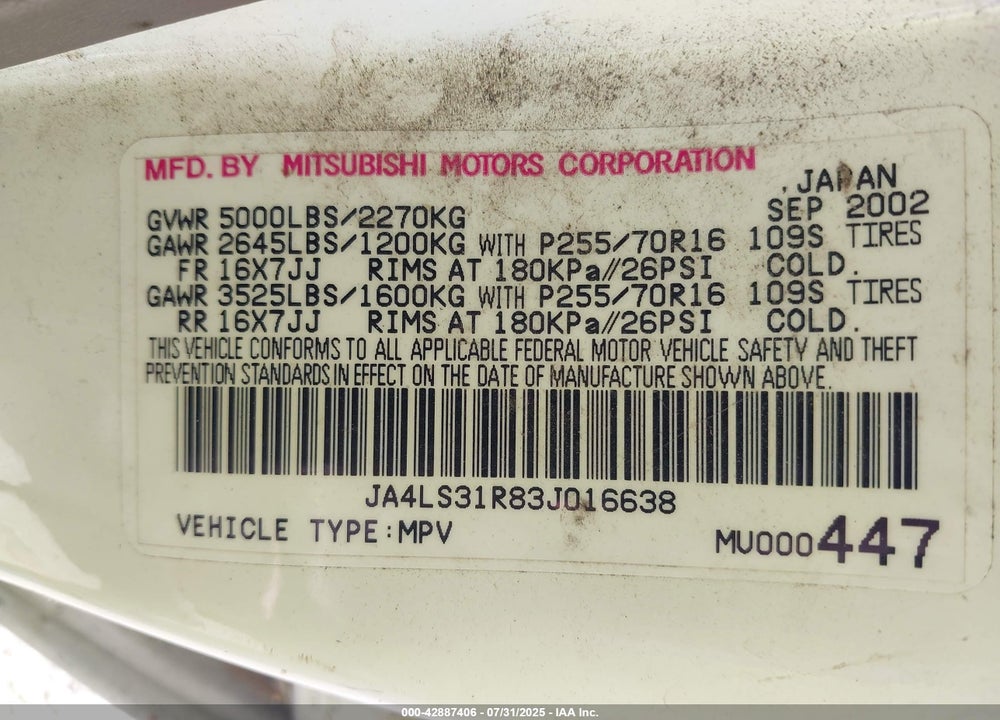 2003 MITSUBISHI MONTERO SPORT XLS VIN: JA4LS31R83J016638