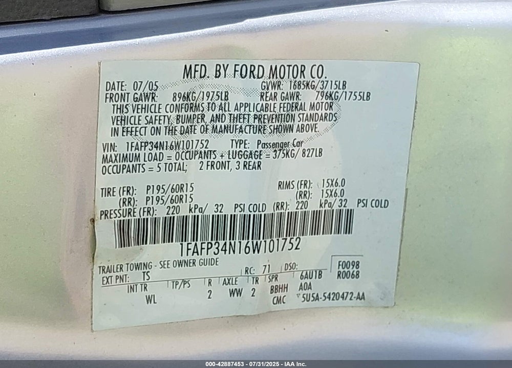 2006 FORD FOCUS ZX4 VIN: 1FAFP34N16W101752