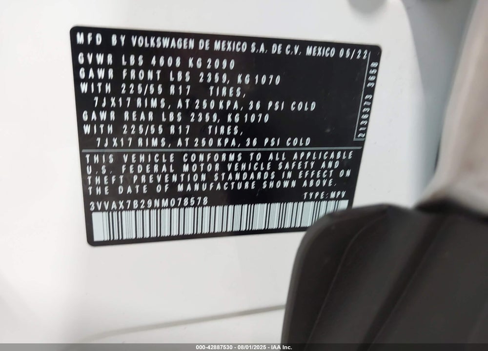 2022 VOLKSWAGEN TAOS VIN: 3VVAX7B29NM078578