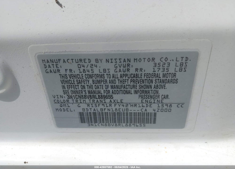 2024 NISSAN VERSA VIN: 3N1CN8BV8RL889655
