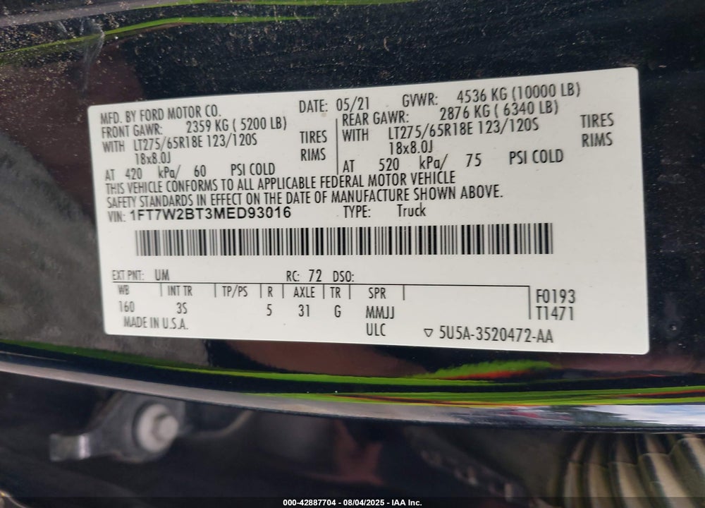 2021 FORD F-250 VIN: 1FT7W2BT3MED93016