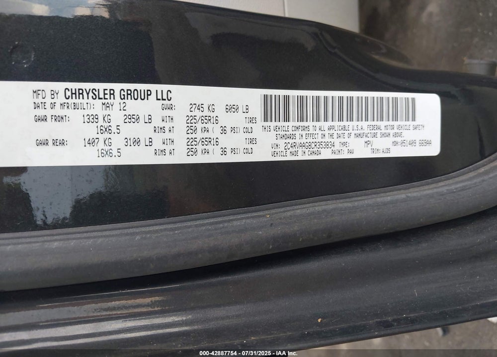 2012 VOLKSWAGEN ROUTAN S VIN: 2C4RVAAG8CR353834