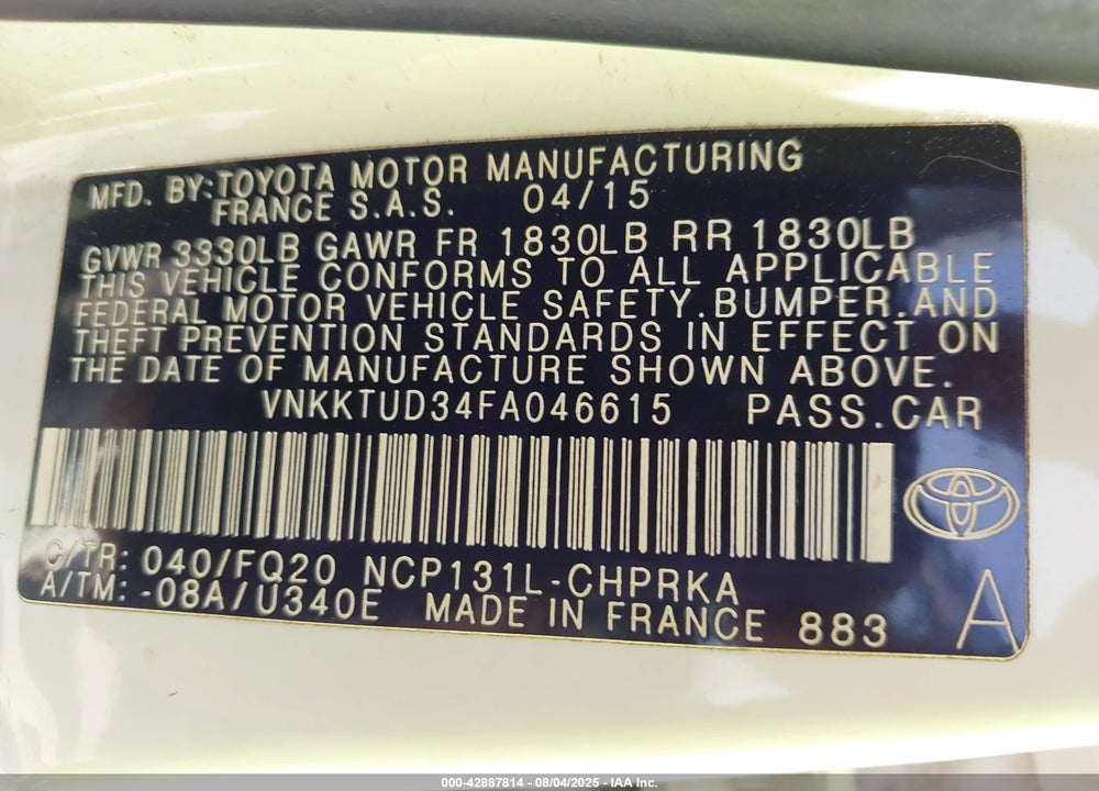 2015 TOYOTA YARIS VIN: VNKKTUD34FA046615