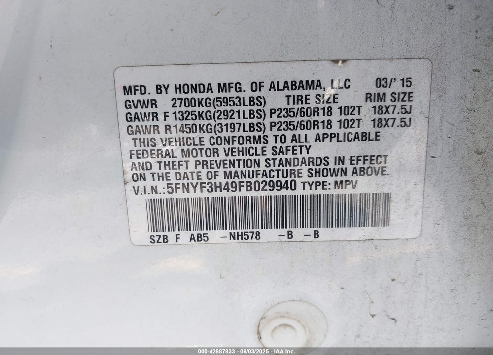 2015 HONDA PILOT VIN: 5FNYF3H49FB029940