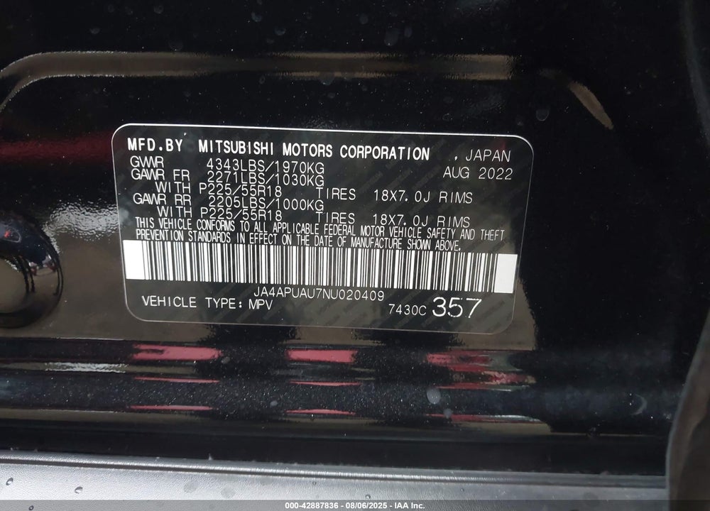 2022 MITSUBISHI OUTLANDER SPORT VIN: JA4APUAU7NU020409