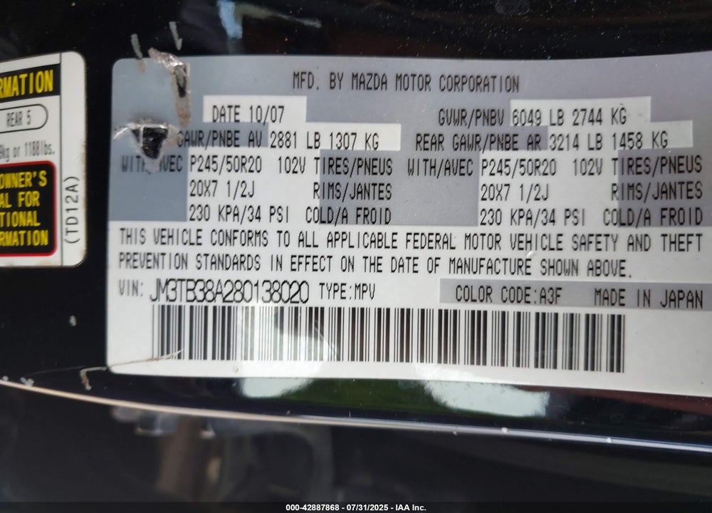2008 MAZDA CX-9 GRAND TOURING VIN: JM3TB38A280138020