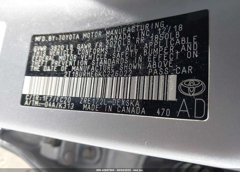 2019 TOYOTA COROLLA VIN: 2T1BURHE6KC226022