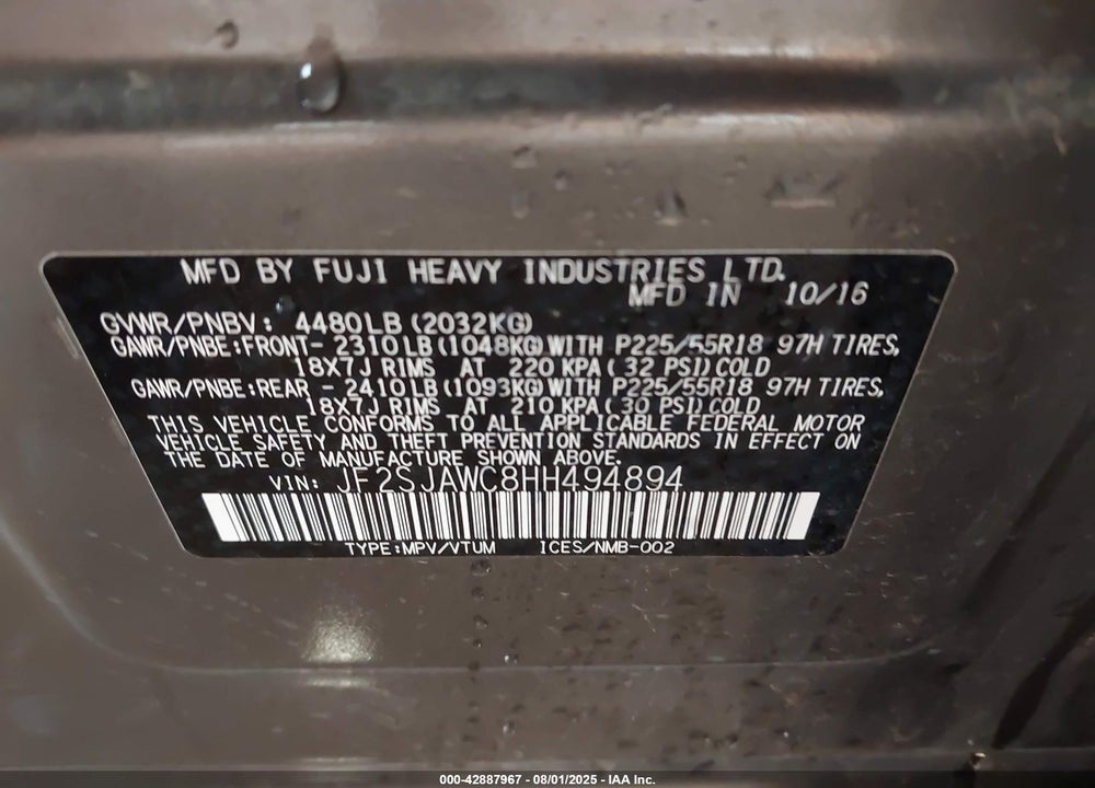 2017 SUBARU FORESTER VIN: JF2SJAWC8HH494894
