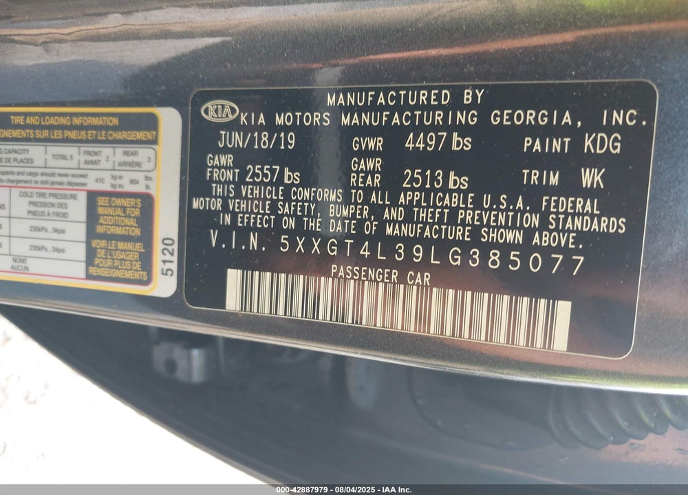 2020 KIA OPTIMA VIN: 5XXGT4L39LG385077