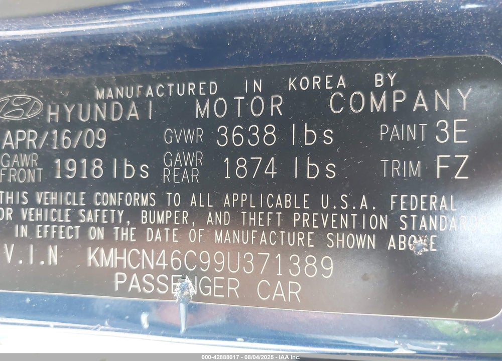 2009 HYUNDAI ACCENT VIN: KMHCN46C99U371389