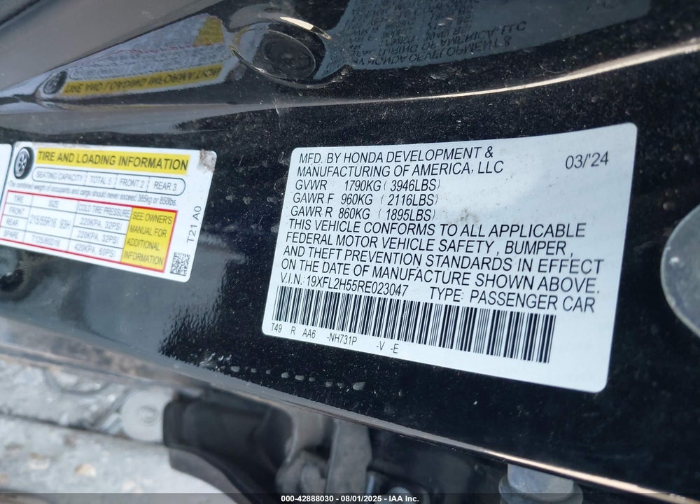 2024 HONDA CIVIC LX VIN: 19XFL2H55RE023047
