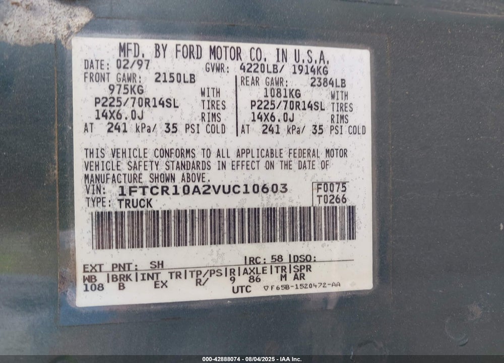 1997 FORD RANGER SPLASH/XL/XLT VIN: 1FTCR10A2VUC10603