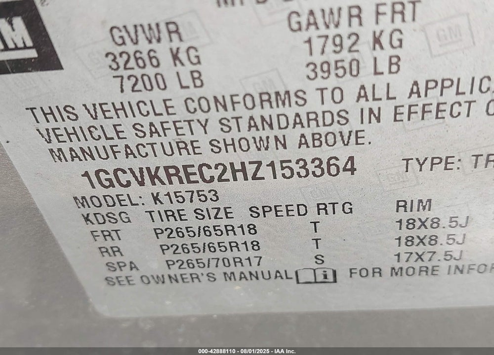 2017 CHEVROLET SILVERADO 1500 VIN: 1GCVKREC2HZ153364