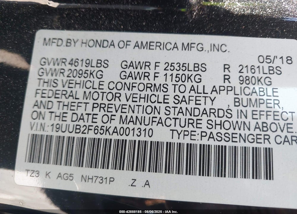 2019 ACURA TLX TECH & A-SPEC PKGS VIN: 19UUB2F65KA001310