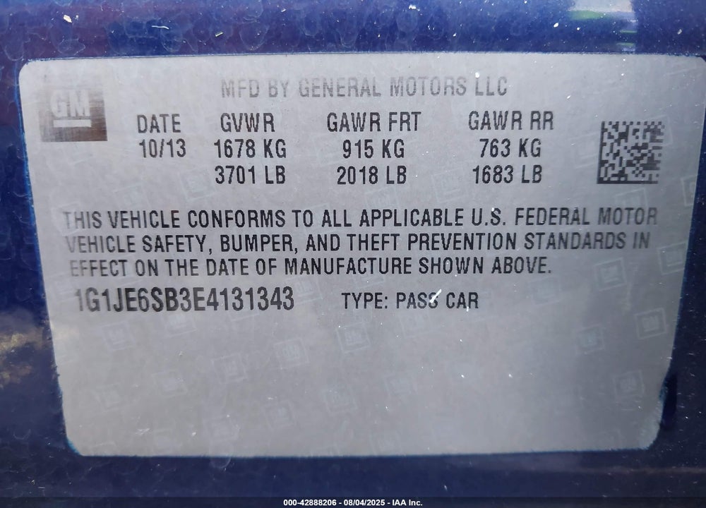2014 CHEVROLET SONIC VIN: 1G1JE6SB3E4131343