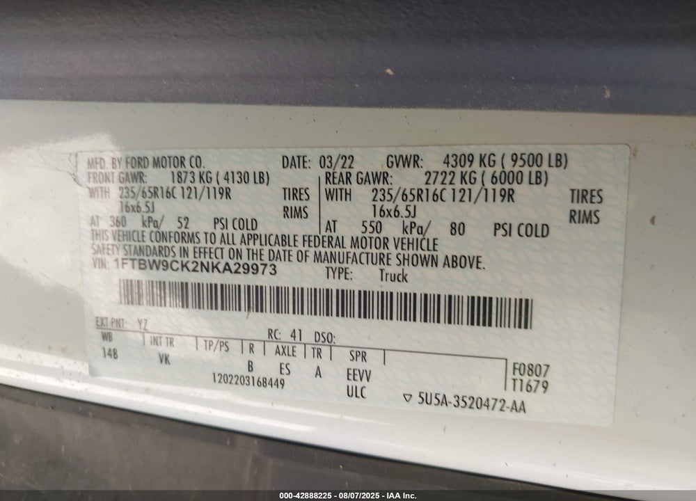 2022 FORD E-TRANSIT-350 VIN: 1FTBW9CK2NKA29973