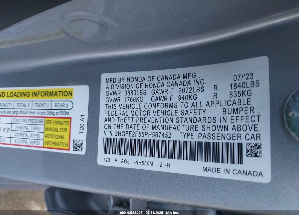 2023 HONDA CIVIC SPORT VIN: 2HGFE2F55PH567452