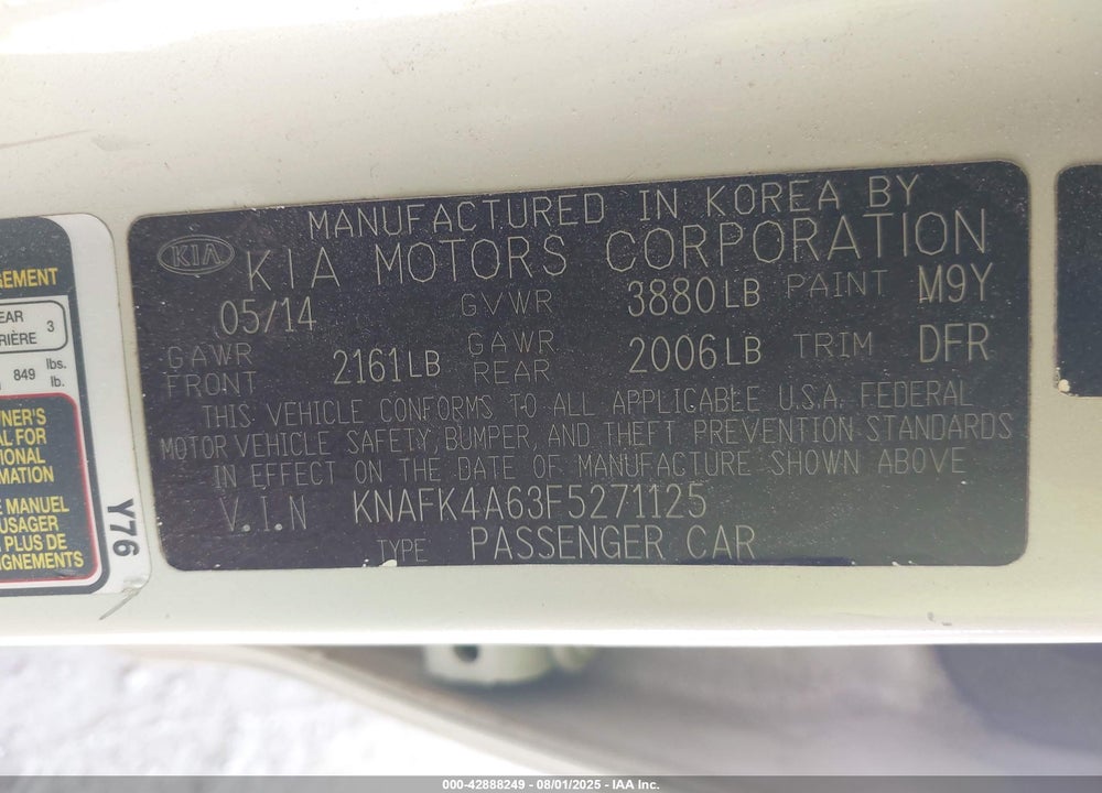2015 KIA FORTE VIN: KNAFK4A63F5271125