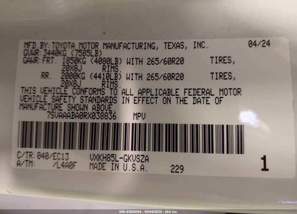 2024 TOYOTA SEQUOIA SR5 VIN: 7SVAAABA0RX038836