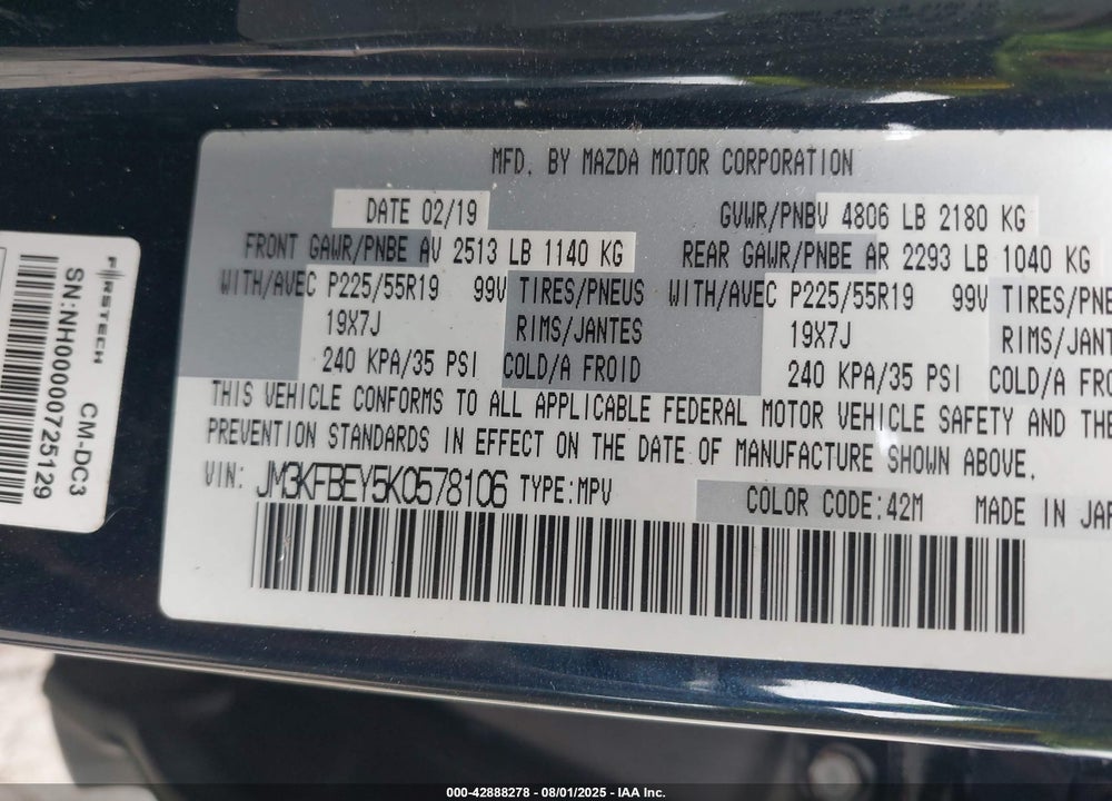 2019 MAZDA CX-5 VIN: JM3KFBEY5K0578106
