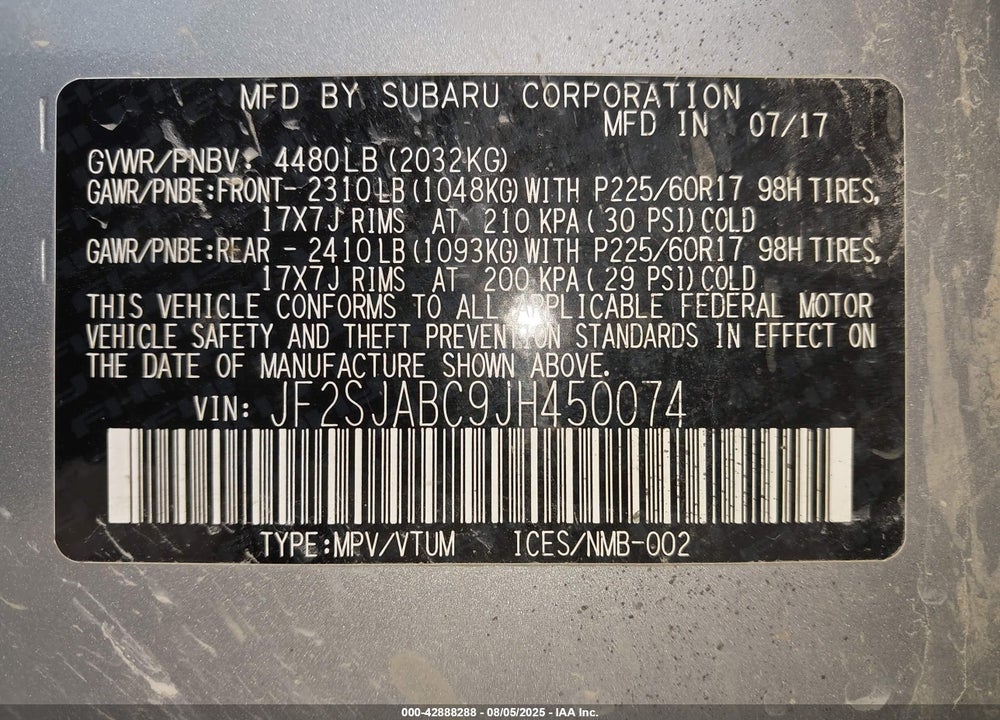 2018 SUBARU FORESTER VIN: JF2SJABC9JH450074