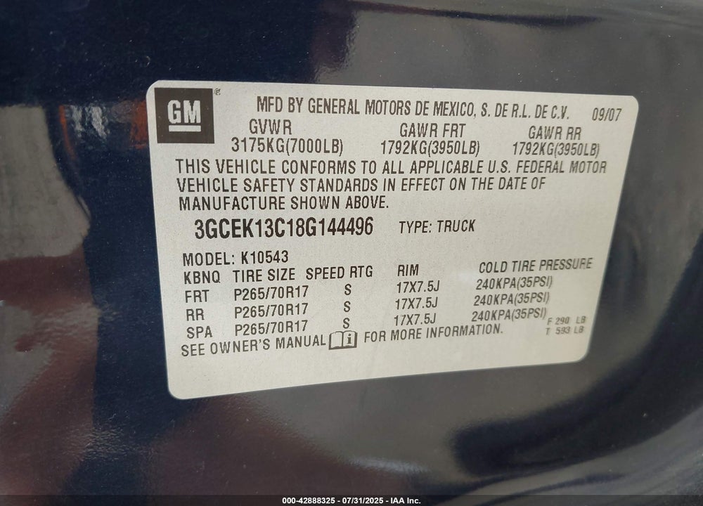 2008 CHEVROLET SILVERADO 1500 VIN: 3GCEK13C18G144496