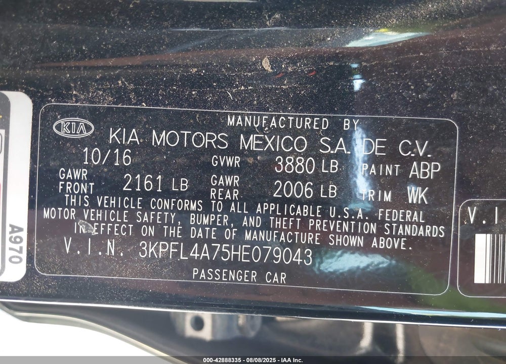 2017 KIA FORTE VIN: 3KPFL4A75HE079043