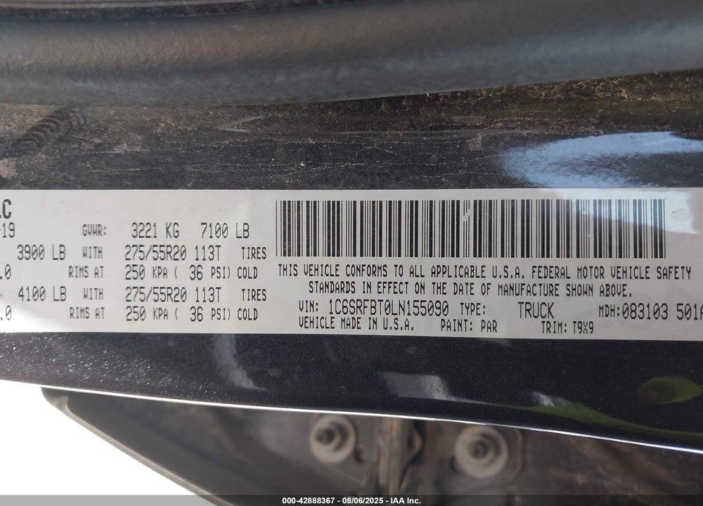 2020 RAM 1500 VIN: 1C6SRFBT0LN155090