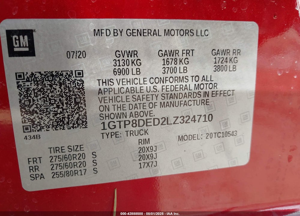 2020 GMC SIERRA 1500 2WD SHORT BOX SLT VIN: 1GTP8DED2LZ324710
