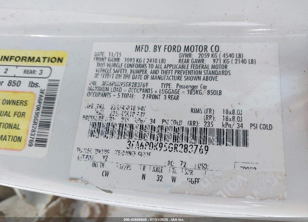 2016 FORD FUSION VIN: 3FA6P0K95GR283769