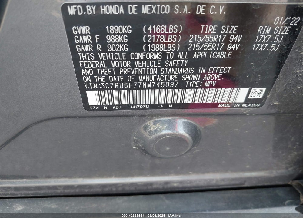2022 HONDA HR-V AWD EX-L VIN: 3CZRU6H77NM745097