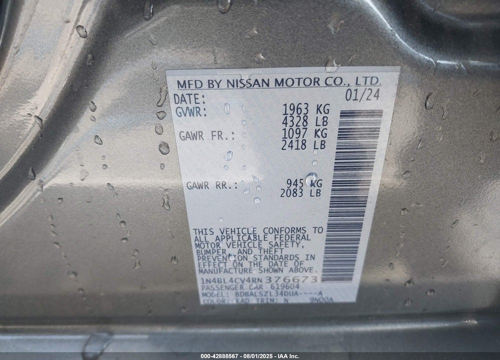 2024 NISSAN ALTIMA SR FWD VIN: 1N4BL4CV4RN376673