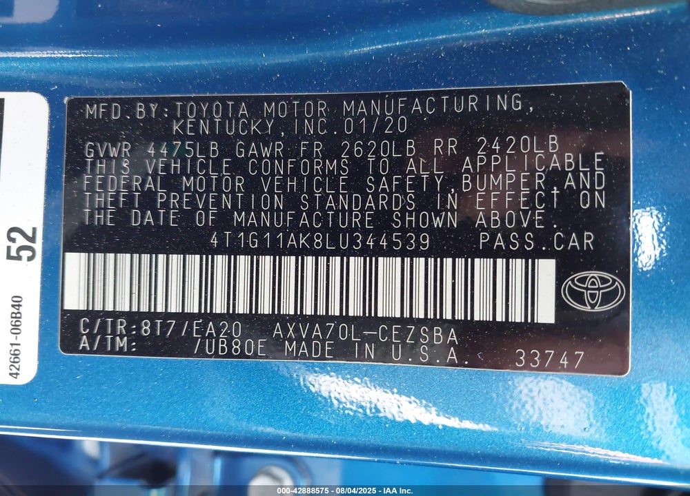 2020 TOYOTA CAMRY VIN: 4T1G11AK8LU344539