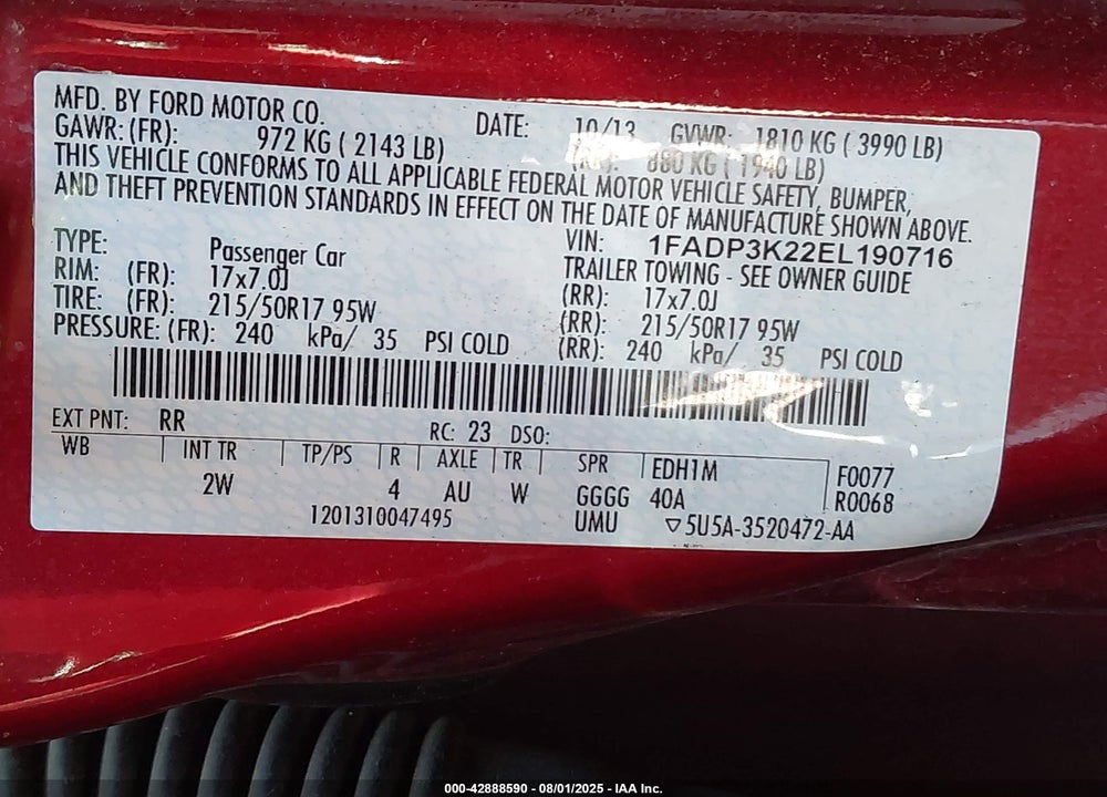 2014 FORD FOCUS SE VIN: 1FADP3K22EL190716