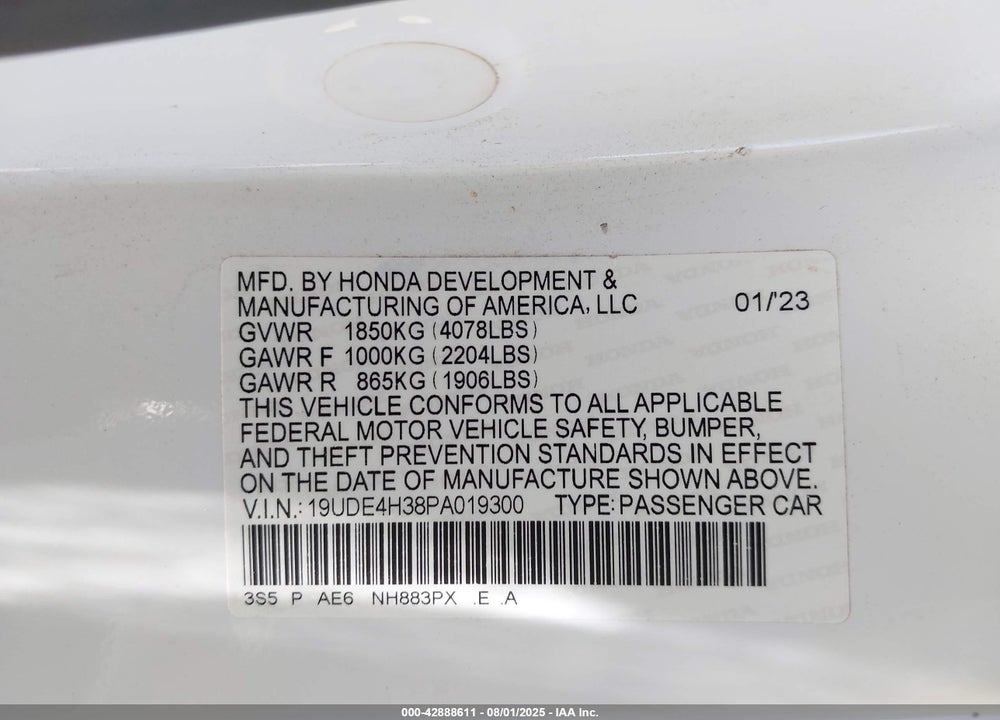 2023 ACURA INTEGRA VIN: 19UDE4H38PA019300