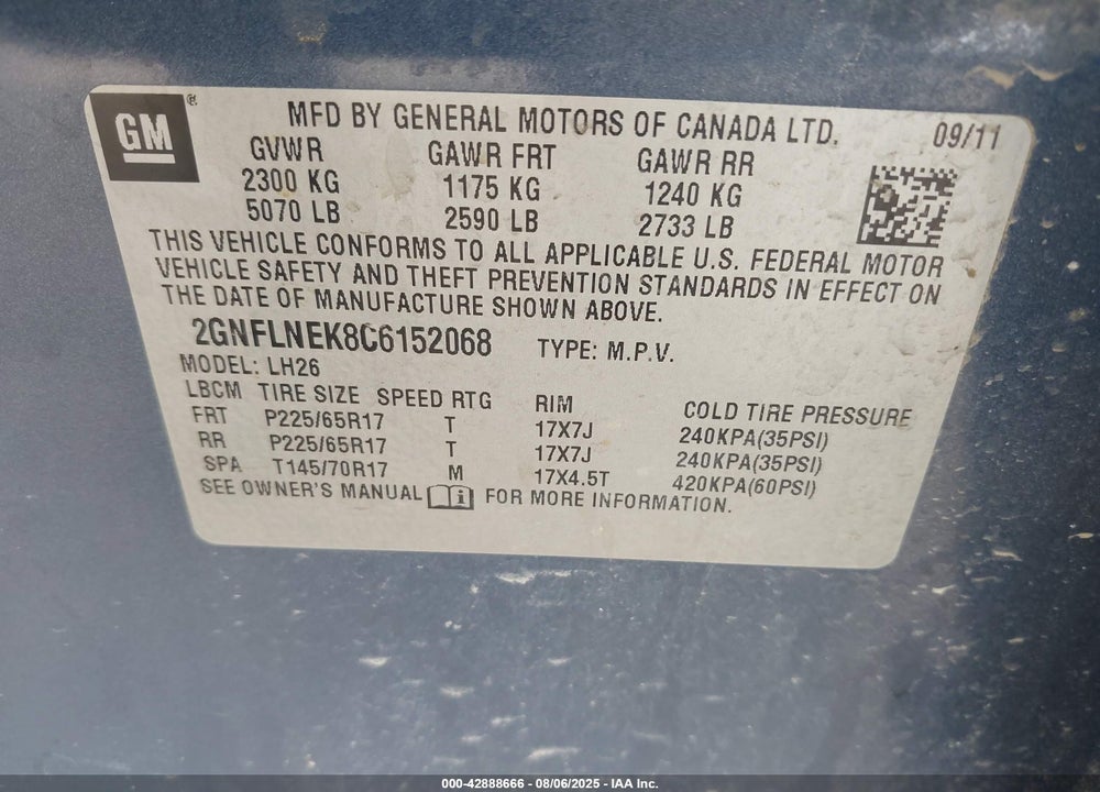2012 CHEVROLET EQUINOX VIN: 2GNFLNEK8C6152068