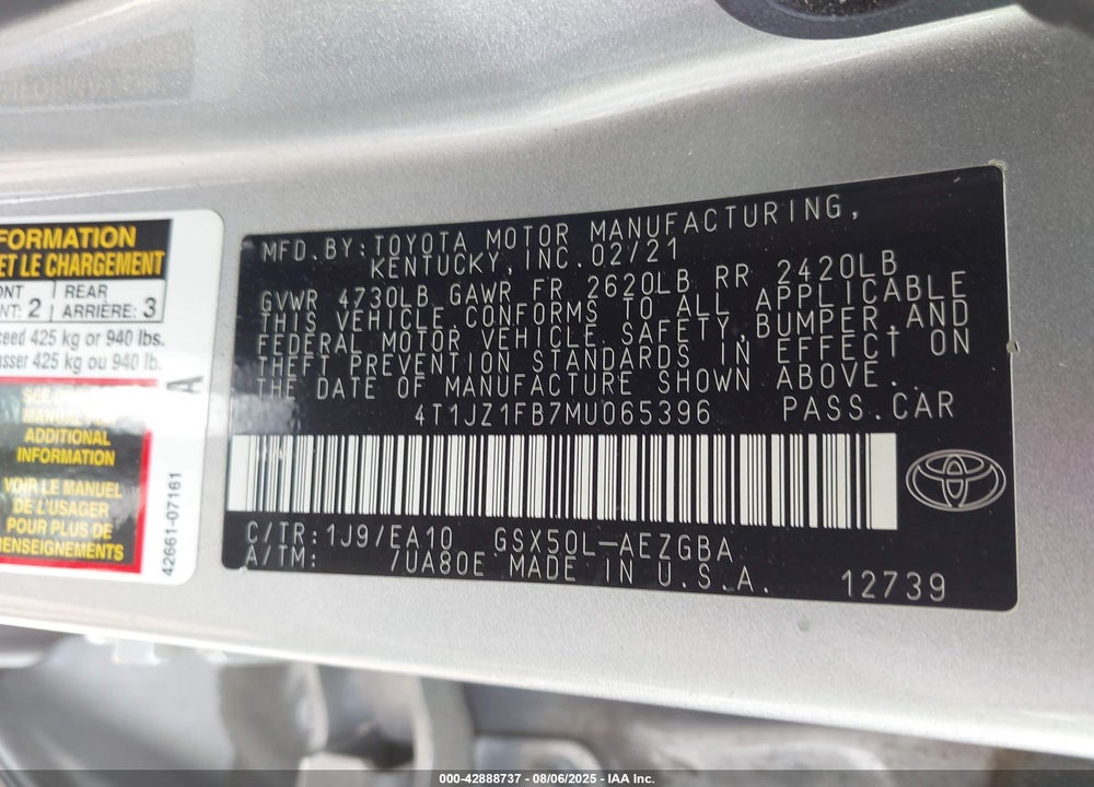2021 TOYOTA AVALON VIN: 4T1JZ1FB7MU065396
