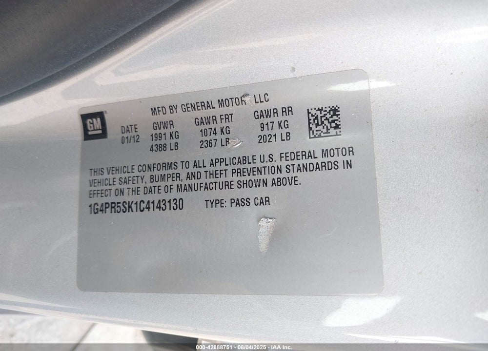 2012 BUICK VERANO VIN: 1G4PR5SK1C4143130