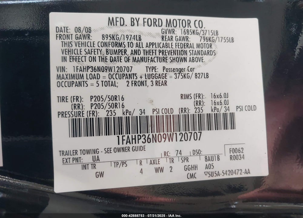 2009 FORD FOCUS VIN: 1FAHP36N09W120707