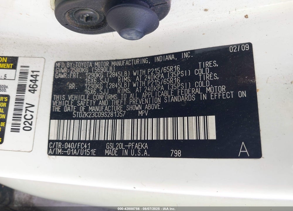 2009 TOYOTA SIENNA LE VIN: 5TDZK23C09S281357