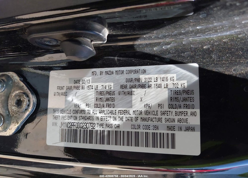2013 MAZDA MX-5 MIATA VIN: JM1NC2PF0D0230792