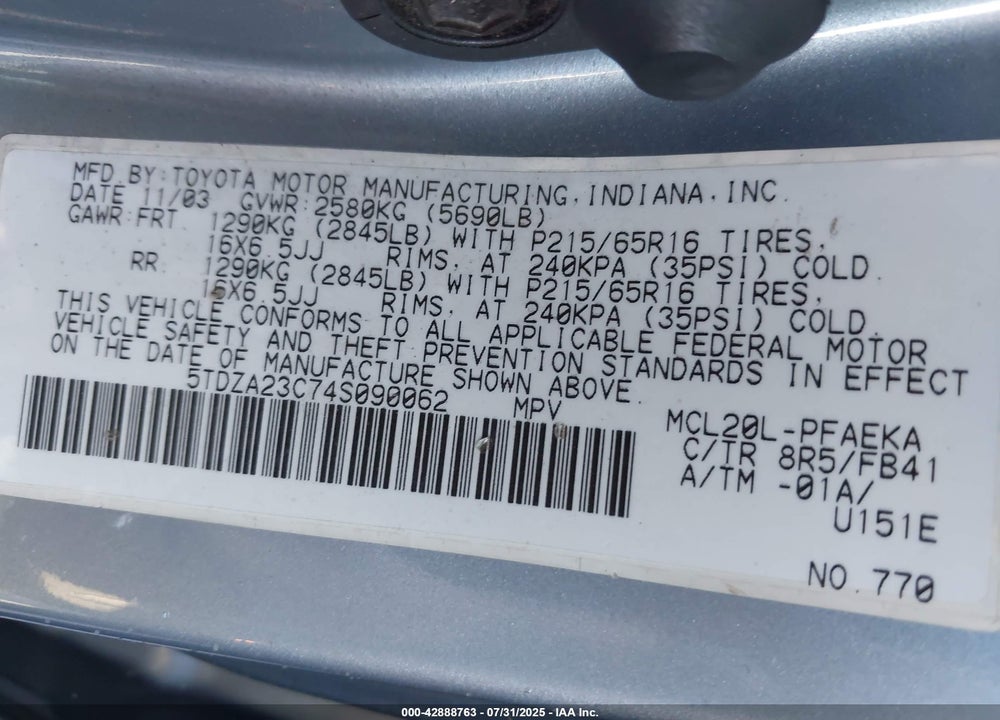 2004 TOYOTA SIENNA LE VIN: 5TDZA23C74S090062